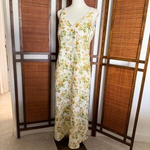 Laura Ashley Floral Linen Midi Dress White Yellow V Neck Button Back Size 8